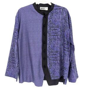 VTG Chicos Purple Black 100% Silk Asian Print Blouse Size 1/M Maximalist Art 90s